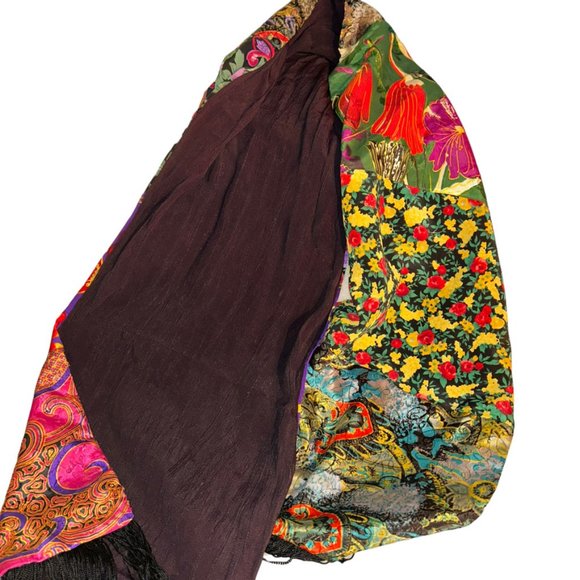 Vintage 80s Vibrant very cool rich Baroque floral print fringe scarf wrap - Picture 2 of 5